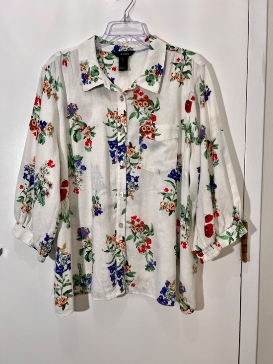 Ali Miles Tops - Ali Miles FloralPrint Point Collar Elbow Baloon Sleeve Button down Plus Size 2X
